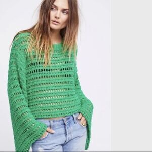 Free People Green Open-Knit Oversized Bell Sleeve Women's Sweater